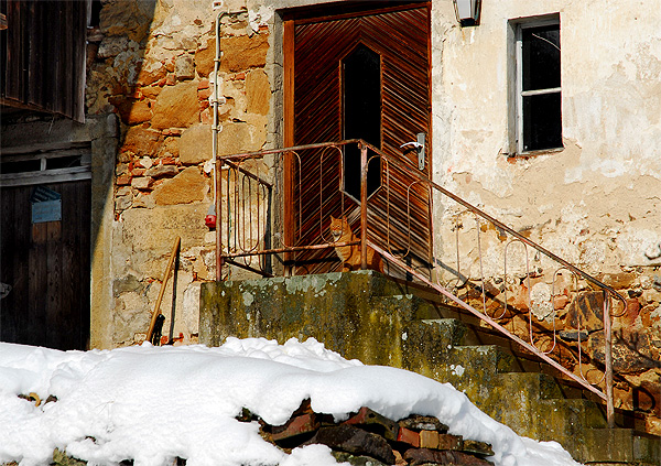 Katze vor altem Haus